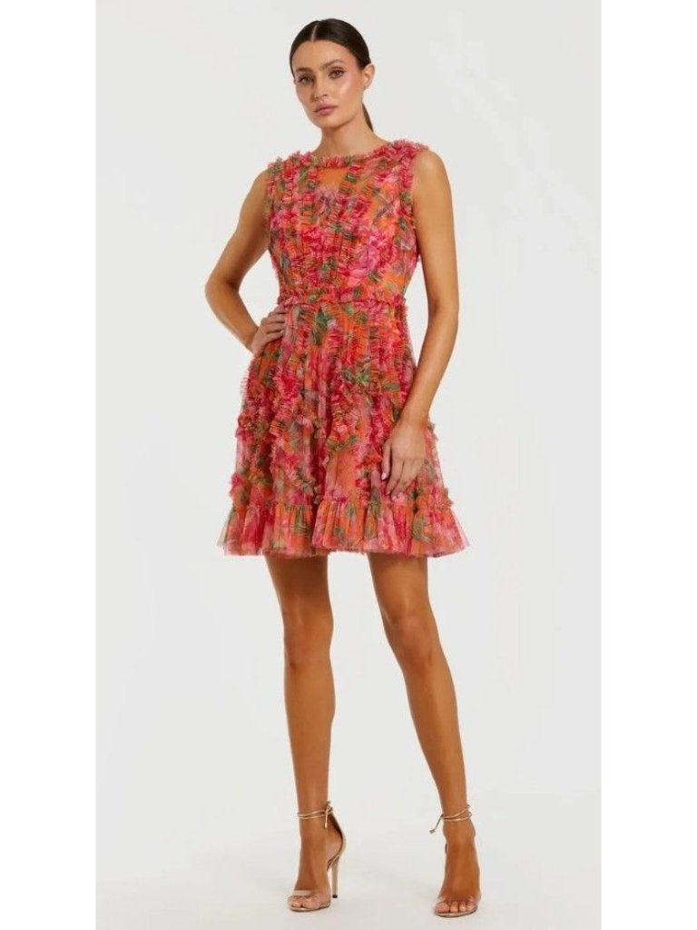 Mac Duggal Orange Multicolor Micro Ruffle Floral A-Line Mini Dress Size 8 Nwt